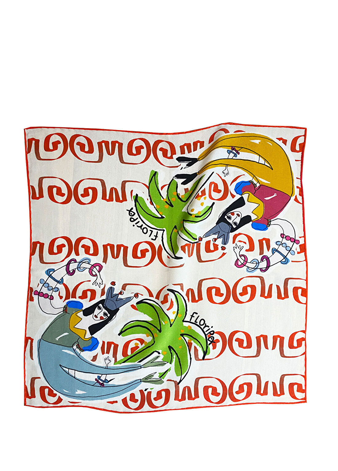 Floripa Artworks Floripa Tropicana Desenli Bej İpek Kadın Mini Fular