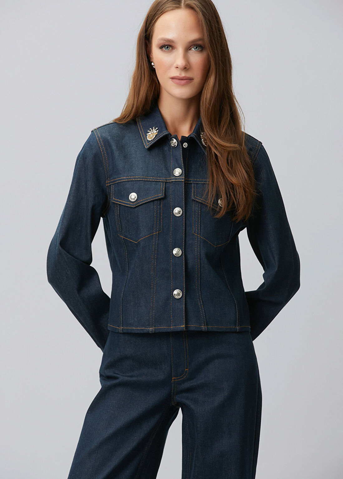 Network Koyu Indigo Mavi Yaka Aksesuarlı Denim Mont
