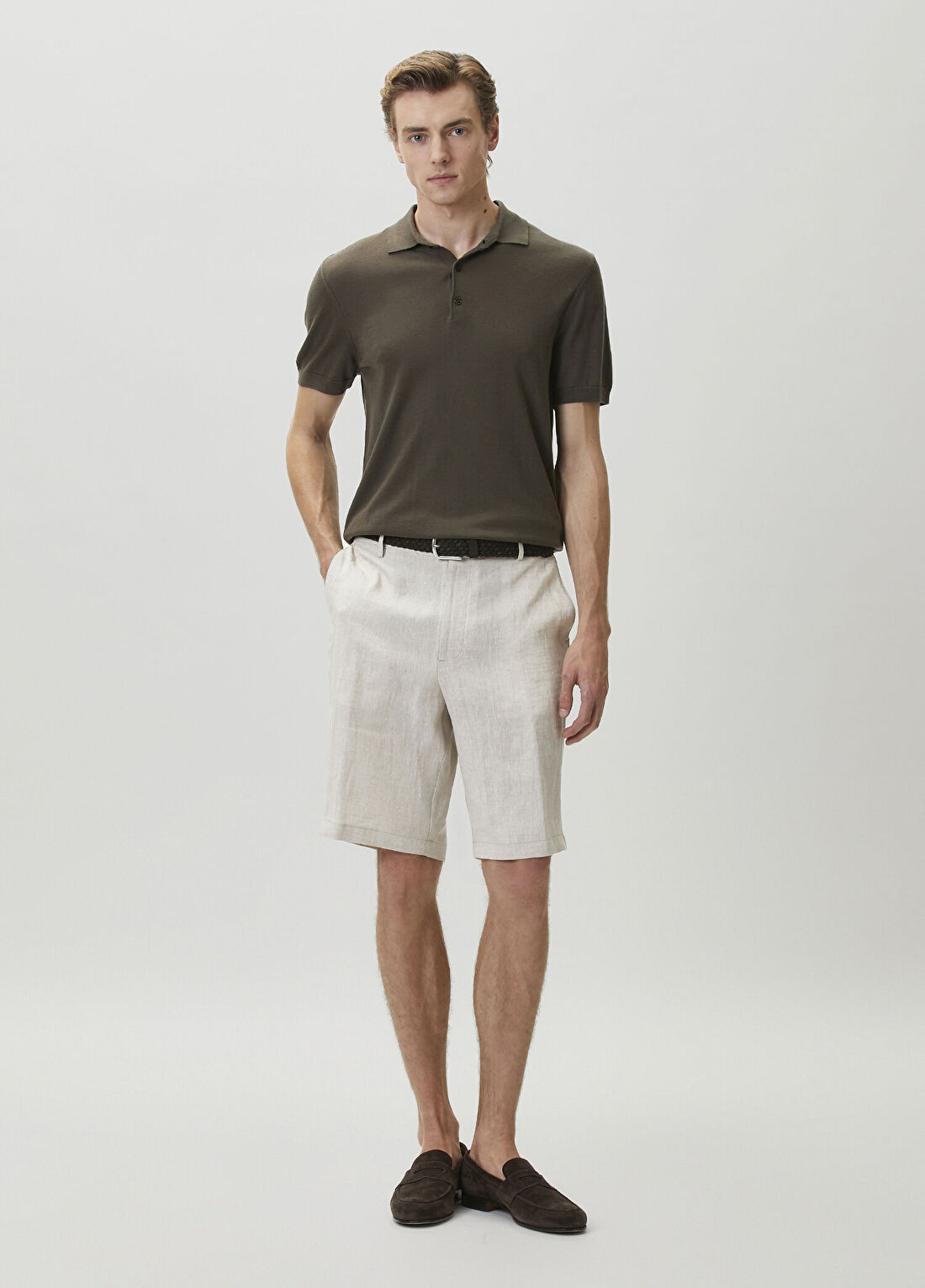 Canali Bej Keten Chino Bermuda