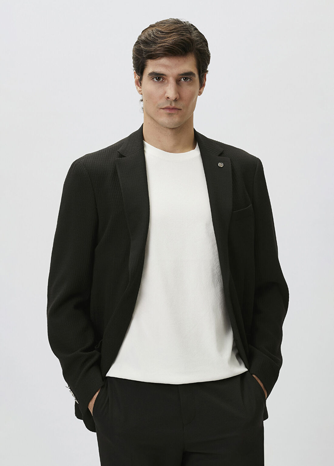 Network Slim Fit Siyah Mono Yaka Gofreli Örme Ceket