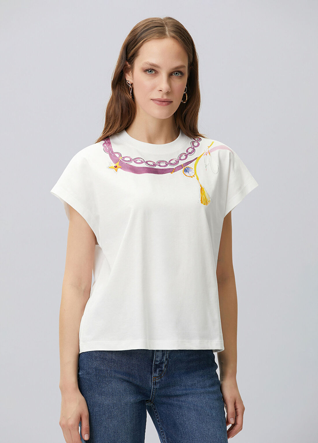 Network Kırık Beyaz Yaka Baskı Detaylı T-shirt