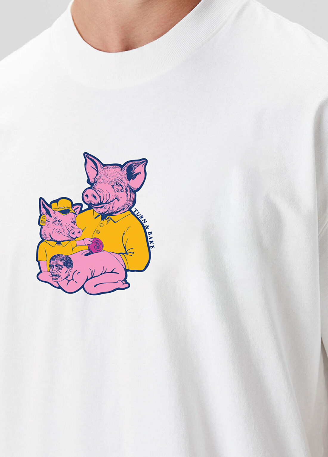 Turn & Bake Piggy Beyaz Pamuklu Oversized Kısa Kollu Erkek T-shirt görsel 2