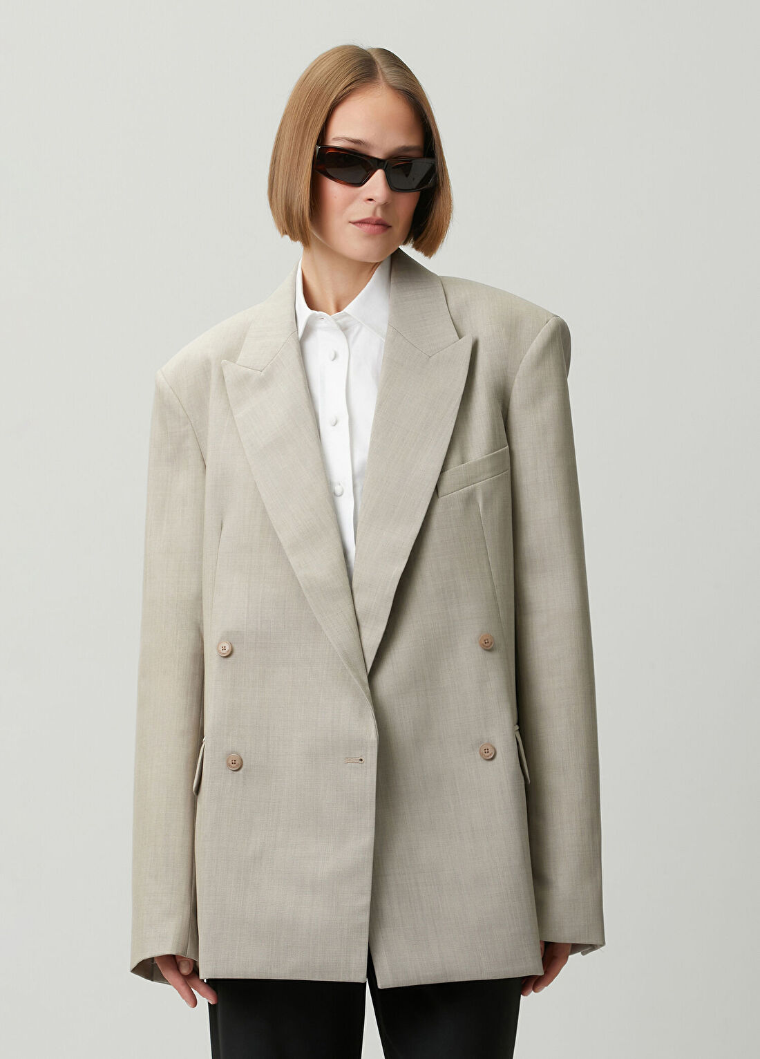 The Frankie Shop Brea Bej Kruvaze Yün Blazer