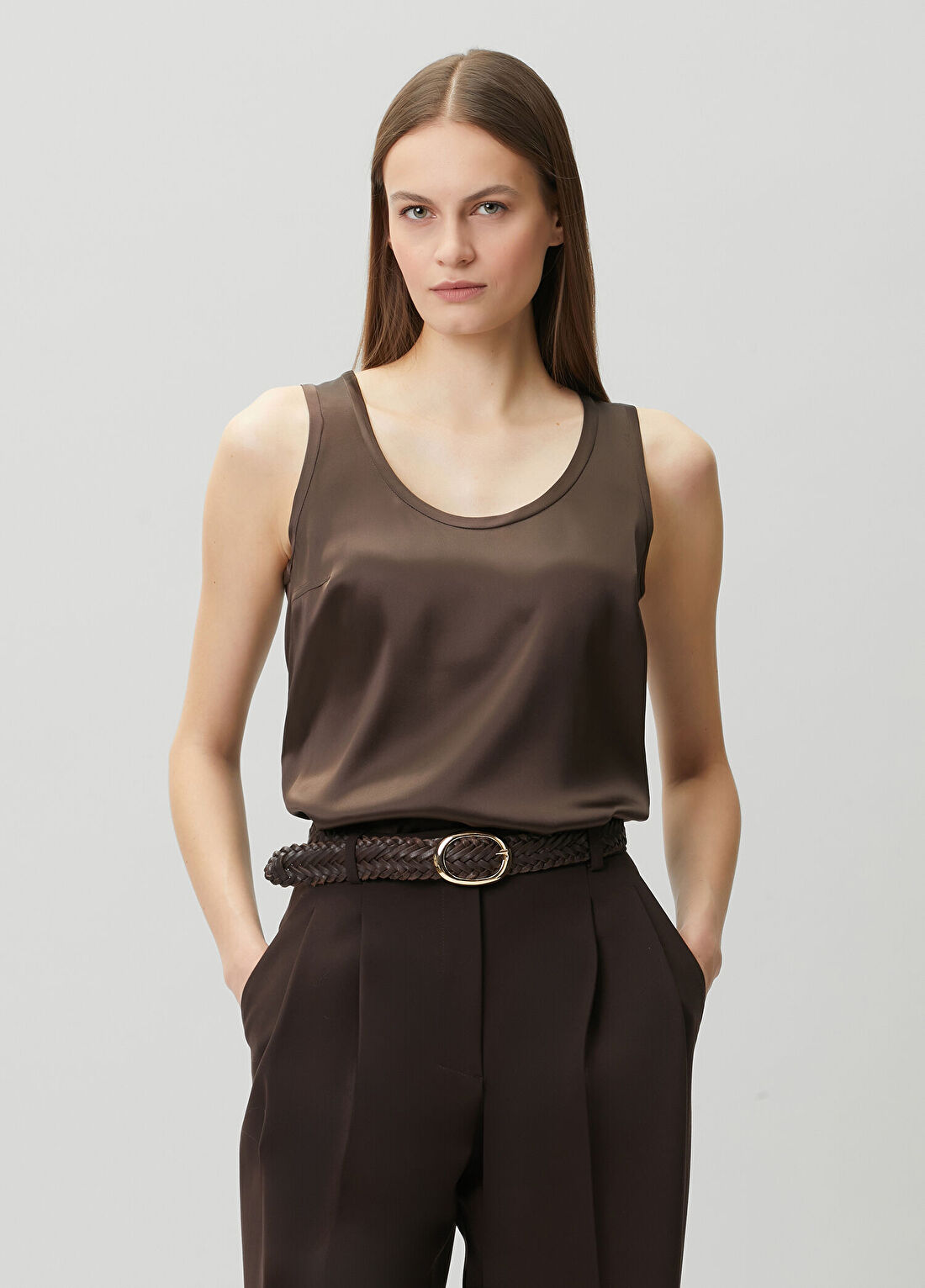 Brunello Cucinelli Kahve Taba İpek Saten Bluz görsel 3