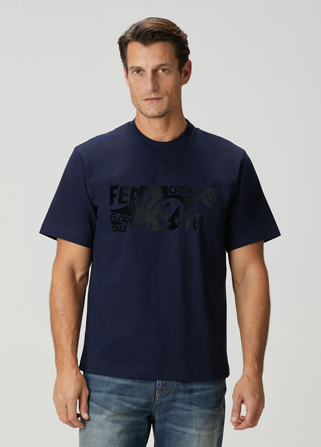 Ferragamo Lacivert Logo Baskılı T-shirt