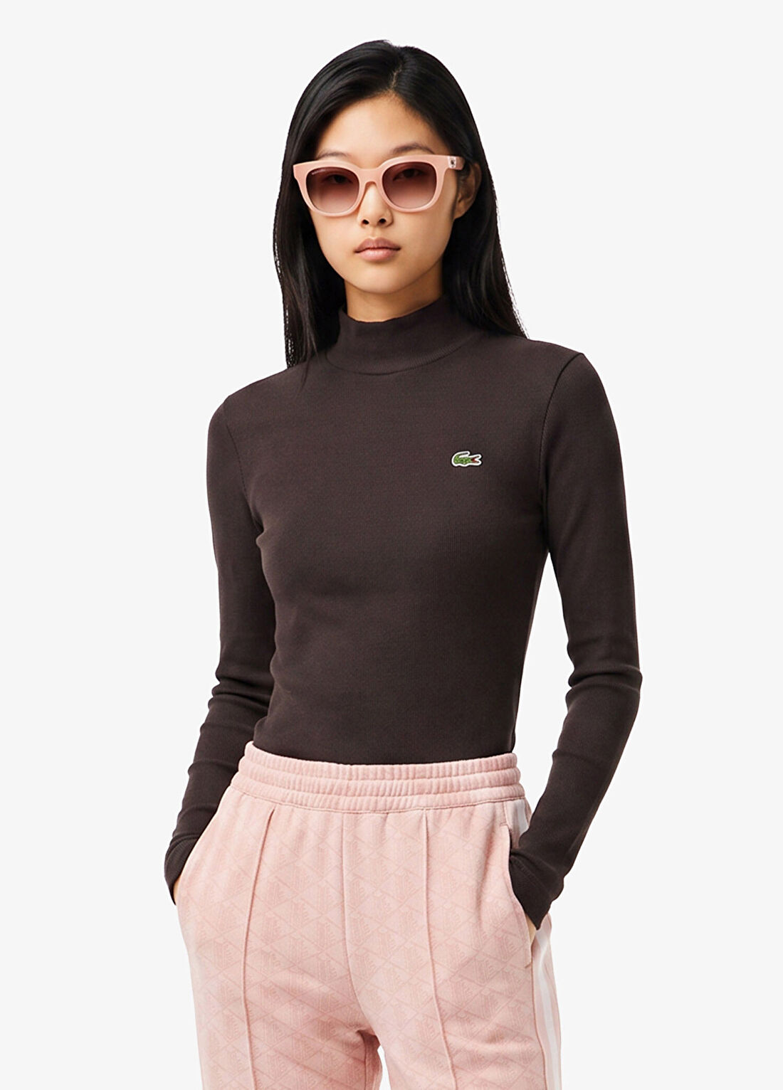 Lacoste Kahverengi Boğazlı Yaka Slim Fit Uzun Kollu Kadın T-Shirt
