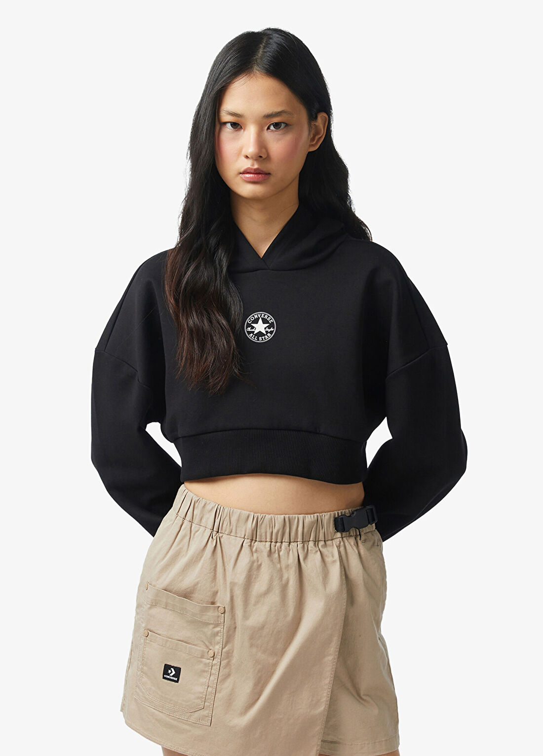 Converse Siyah Kapüşonlu Kadın Kısa Sweatshirt
