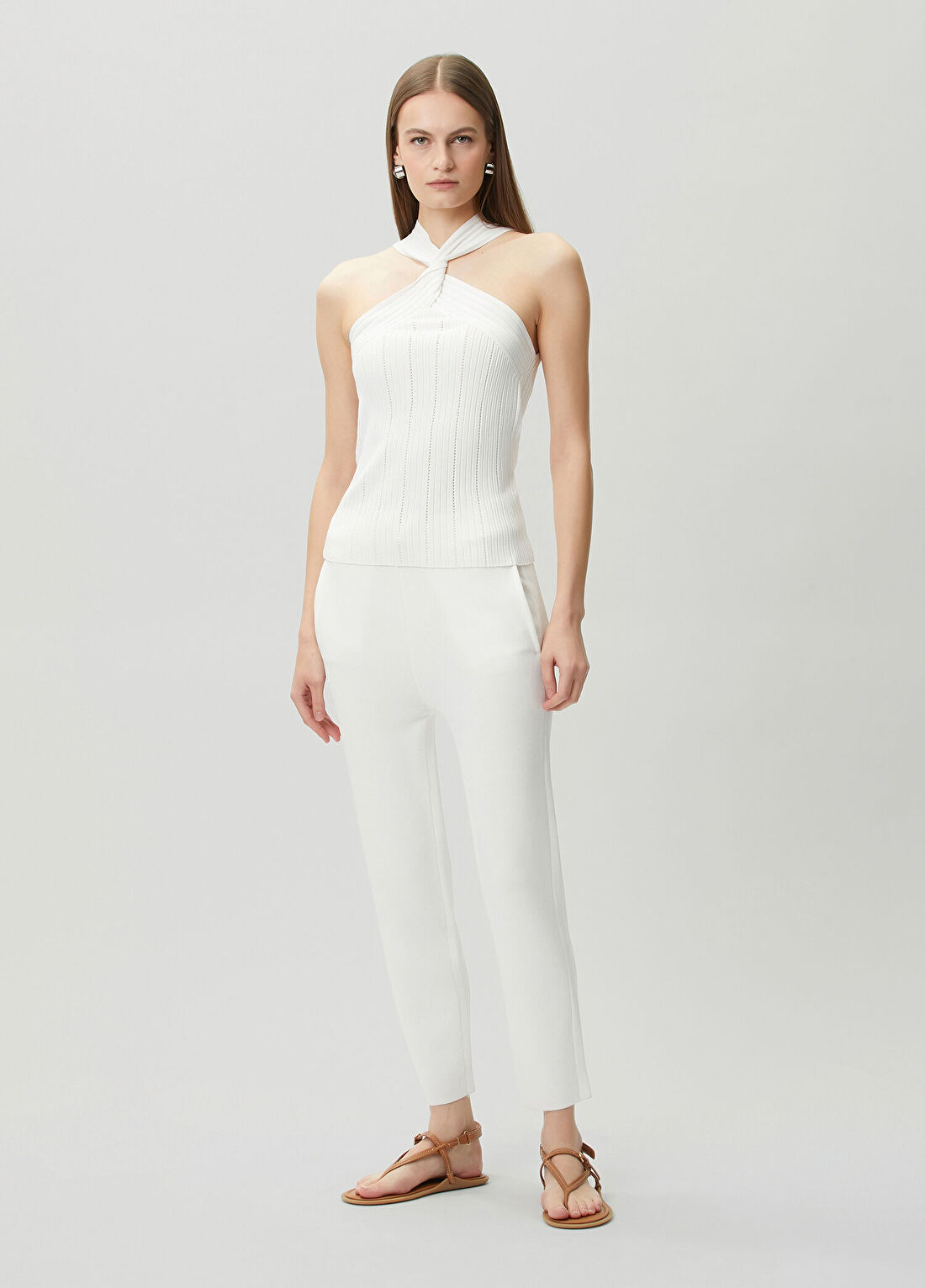 Join Us Beyaz Beli Kordonlu Triko Pantolon
