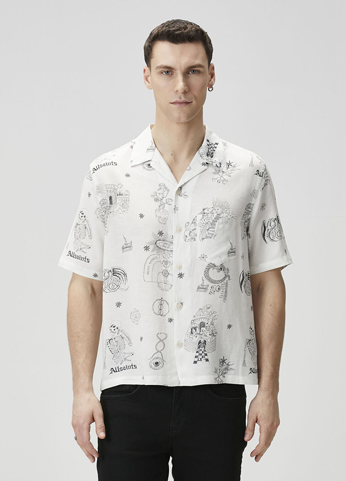 AllSaints Terra Krem Figür Desenli Kısa Kollu Gömlek