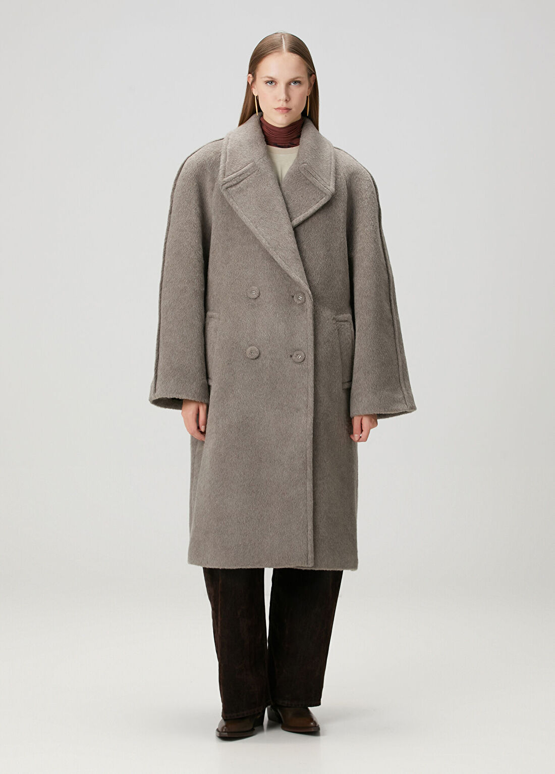Acne Studios Gri Kruvaze Yün Palto görsel 4