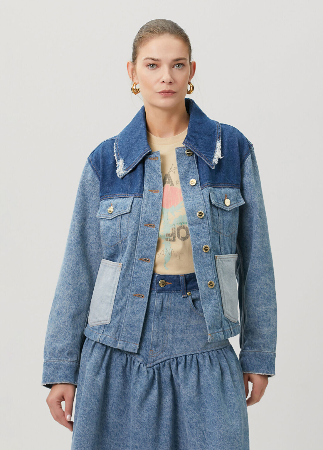 Ganni Mavi Patchwork Denim Ceket
