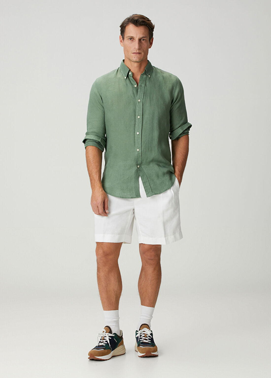 Slowear Straight Fit Beyaz Keten Bermuda