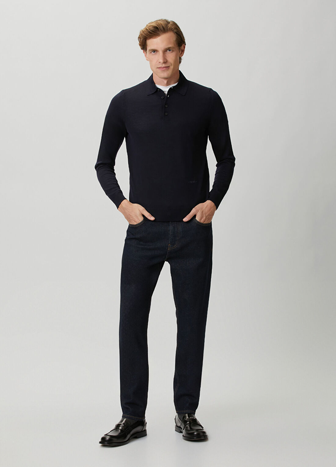 Fendi Lacivert Basic Yün Polo Triko