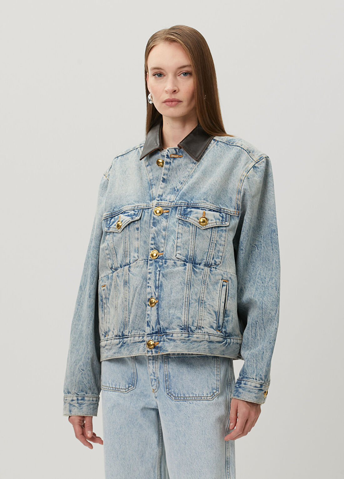 Sandro Freja Mavi Deri Yaka Denim Ceket görsel 3