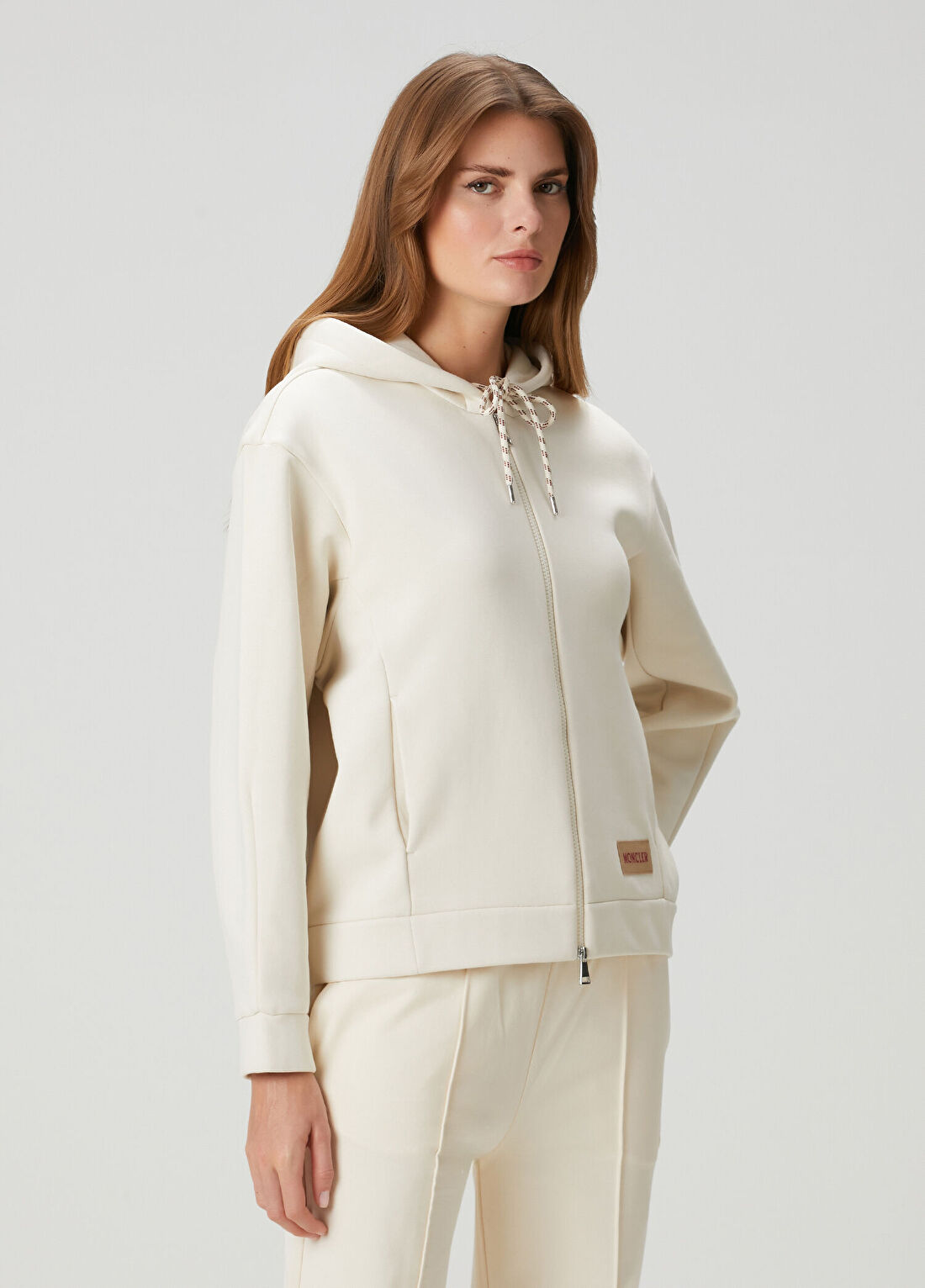 Moncler Ekru Kapüşonlu Fermuarlı Sweatshirt görsel 3