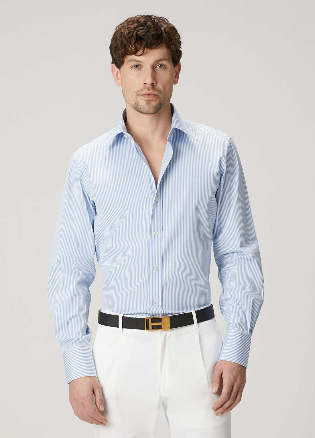 Tom Ford Slim Fit Açık Mavi Çizgi Desenli Gömlek