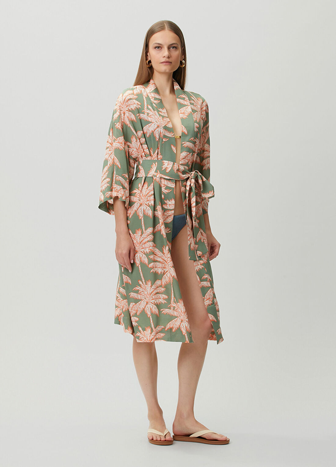 Dual Yeşil Palmiye Desenli Kimono görsel 2