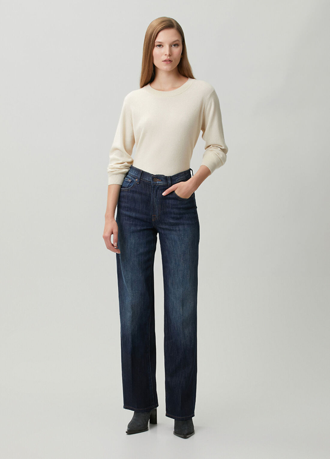 7 For All Mankind Koyu Lacivert Stovepipe Straight Leg Jean Pantolon