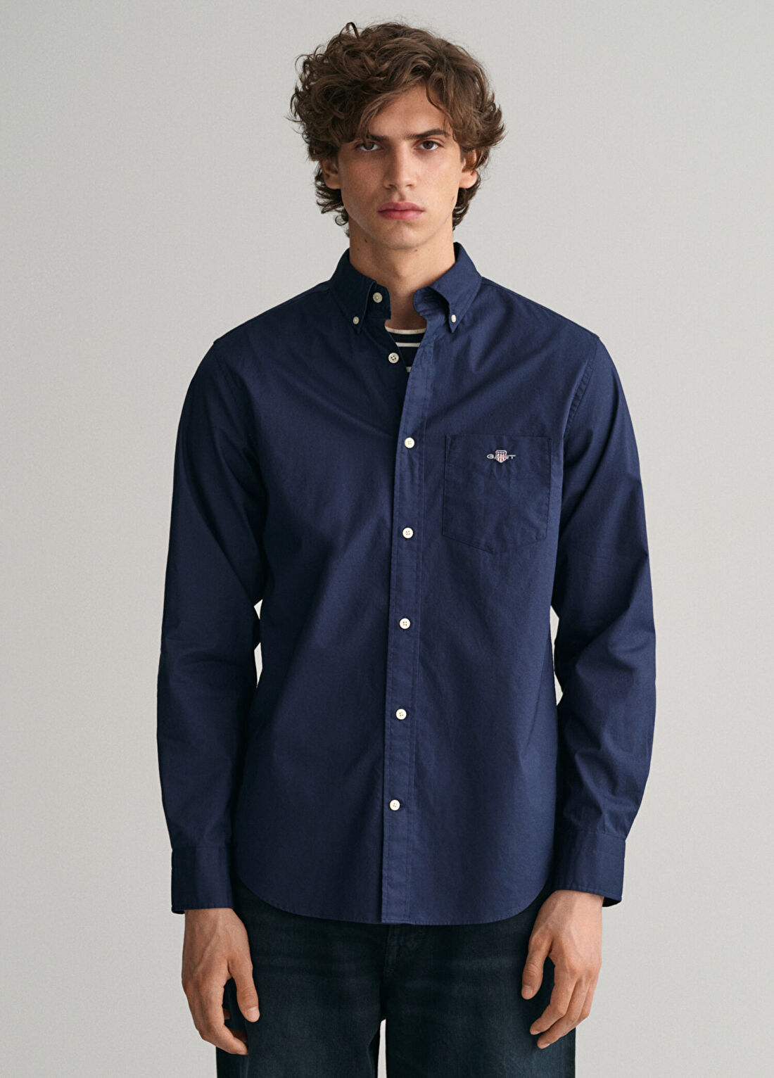 Gant Lacivert Logolu Düğmeli Yaka Regular Fit Uzun Kollu Erkek Gömlek