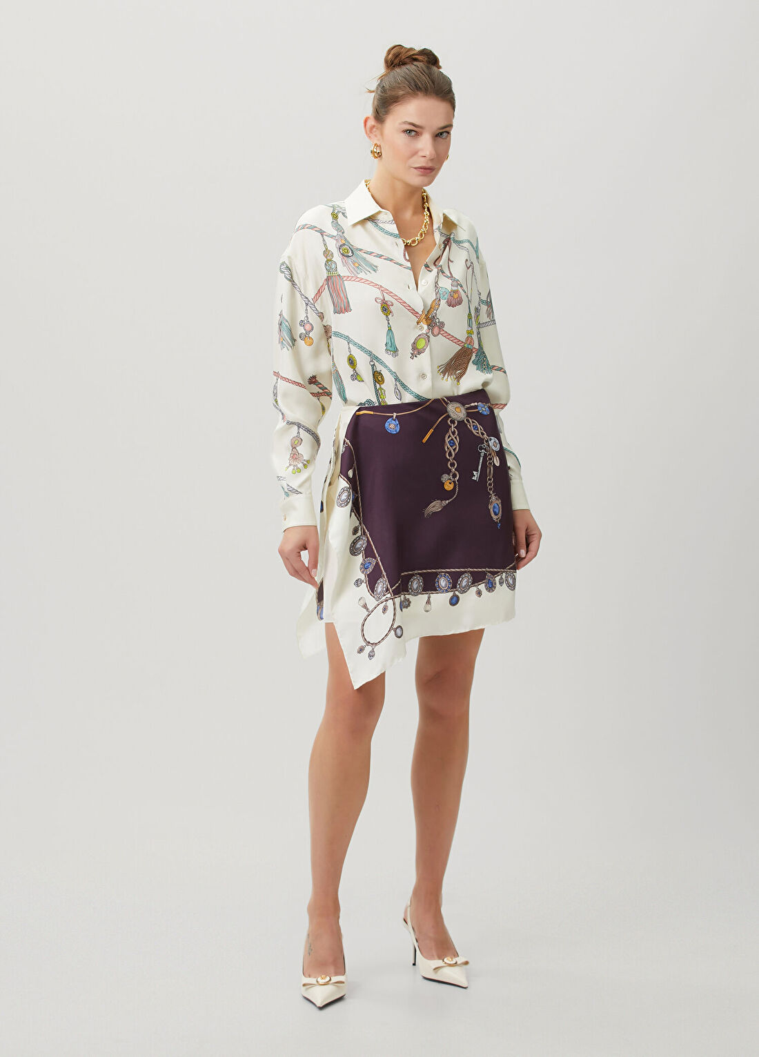 Versace Mor Beyaz Desenli Mini İpek Twill Etek