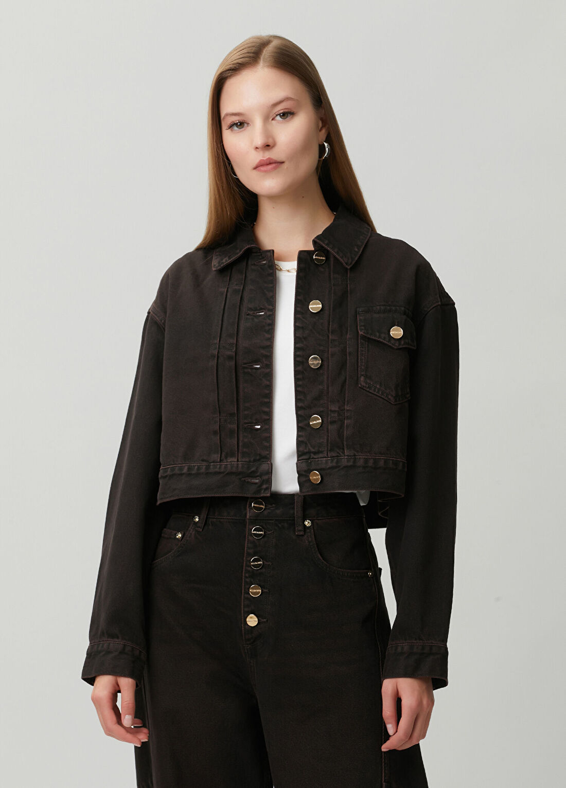 AllSaints Blink Kahve Lacivert Cropped Denim Ceket