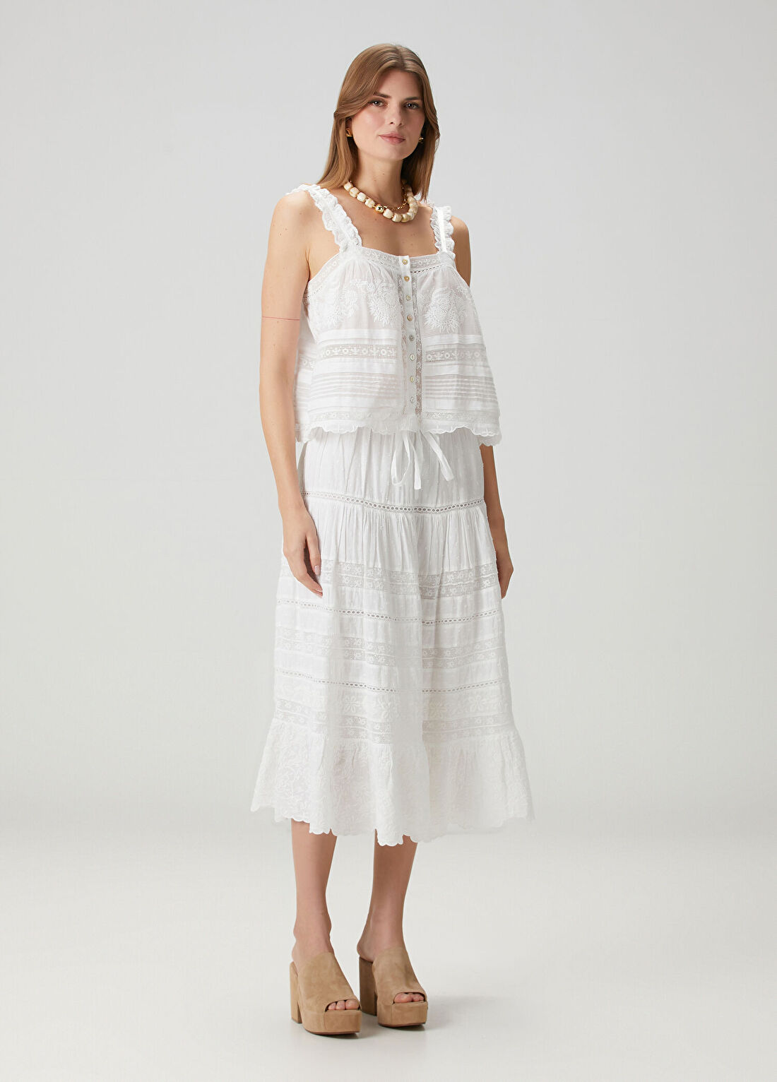 Love Shack Fancy Donna Beyaz Midi Etek