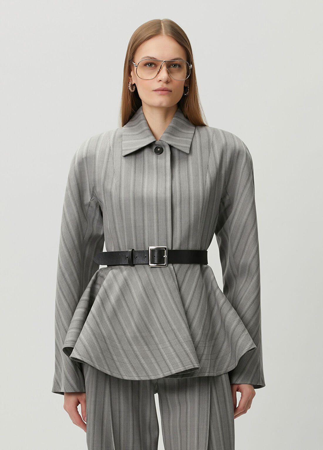 Stella McCartney Gri Çizgili Peplum Detaylı Yün Ceket