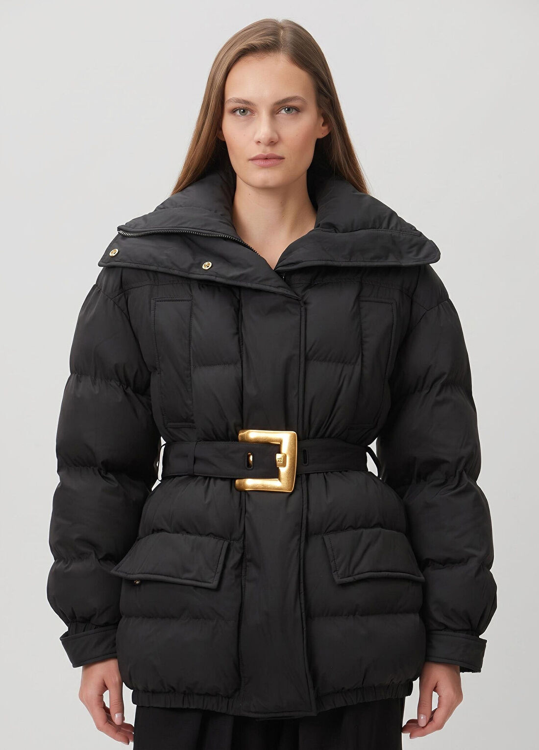 Balmain Siyah Kemerli Puffer Mont görsel 3