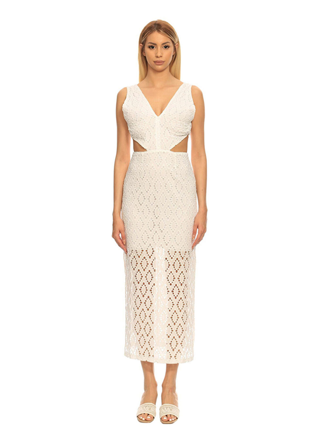 Women&Women Venice Beyaz Brode Belde Halka Detaylı Uzun Cut-Out Elbise görsel 2