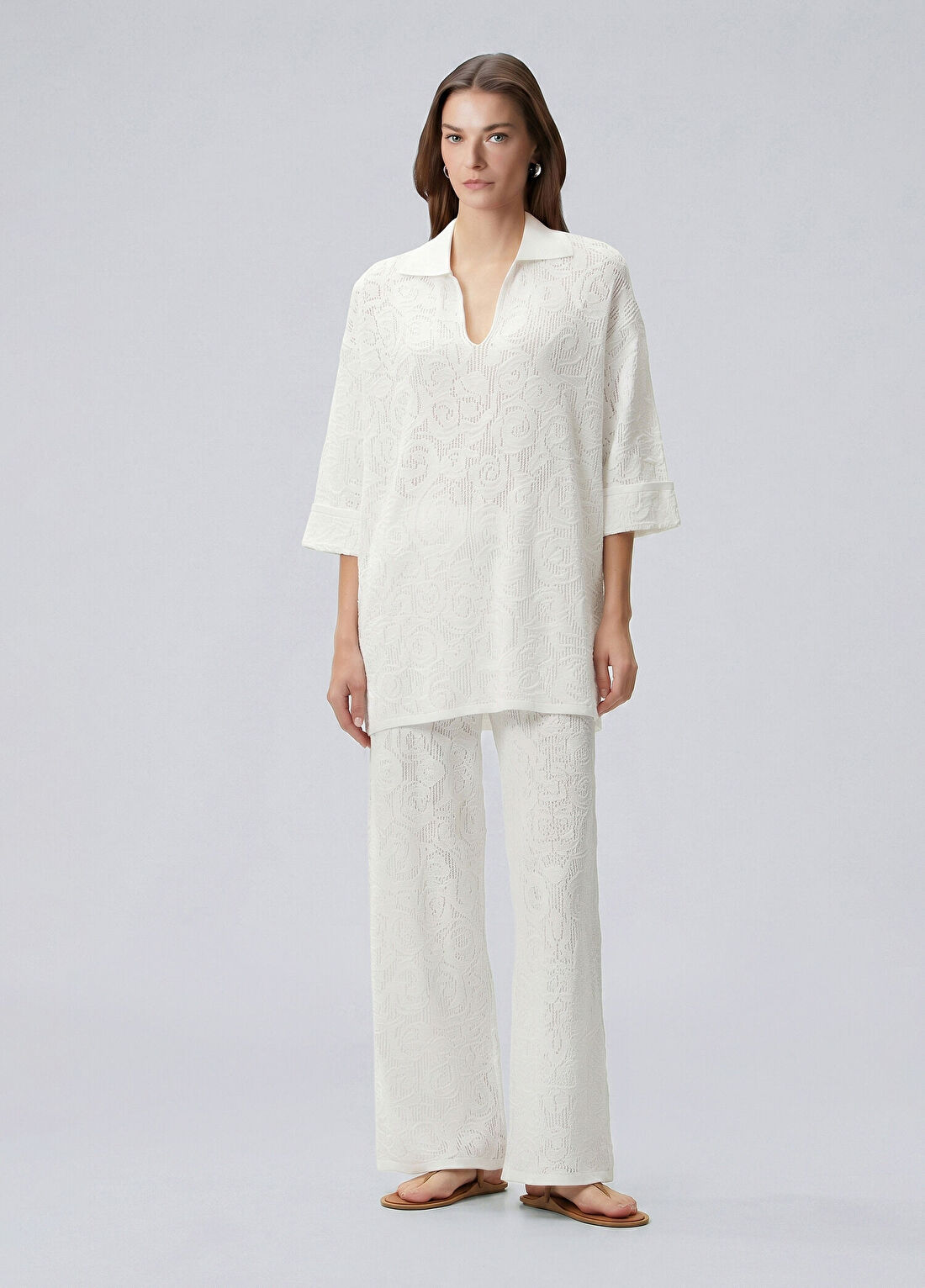 Beymen Collection Beyaz Gül Ajurlu Triko Pantolon