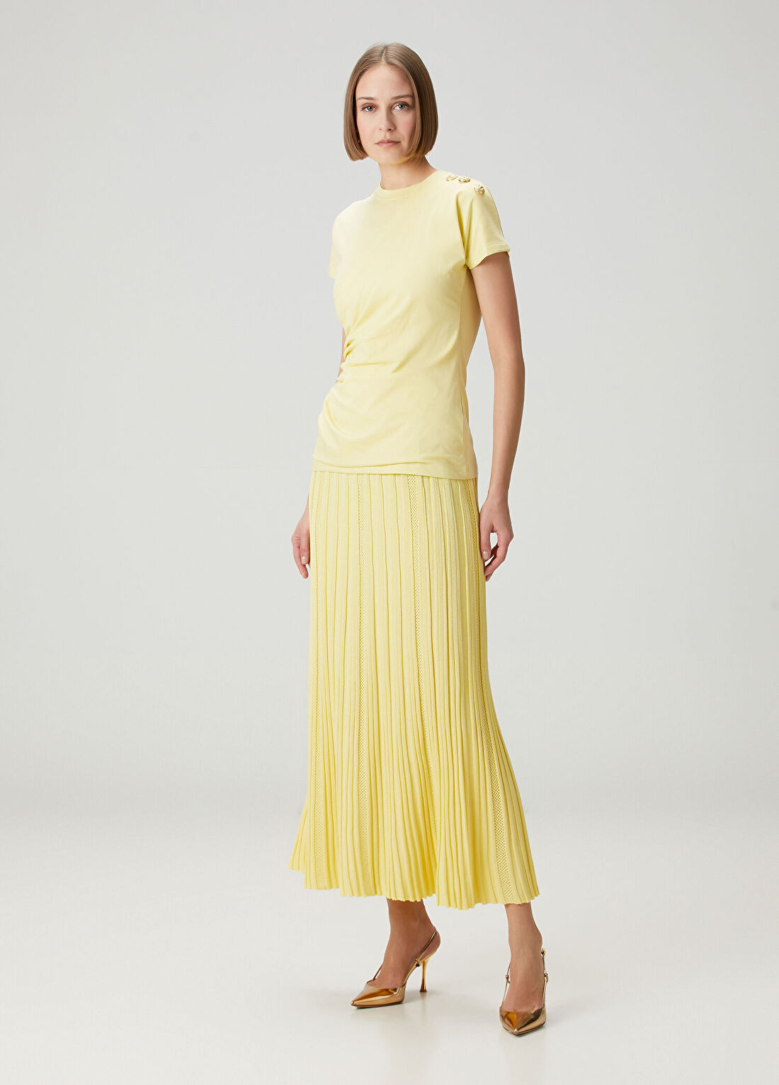 Balmain Sarı Pileli Midi Triko Etek