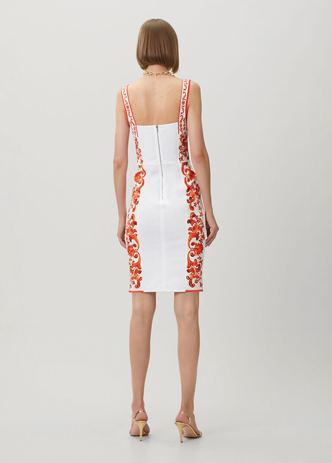 Dolce&Gabbana Majolica Turuncu Beyaz Desenli Midi Elbise görsel 4