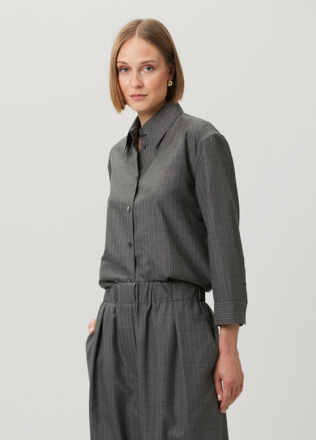 Jil Sander Gri İnce Çizgili Yün Gömlek