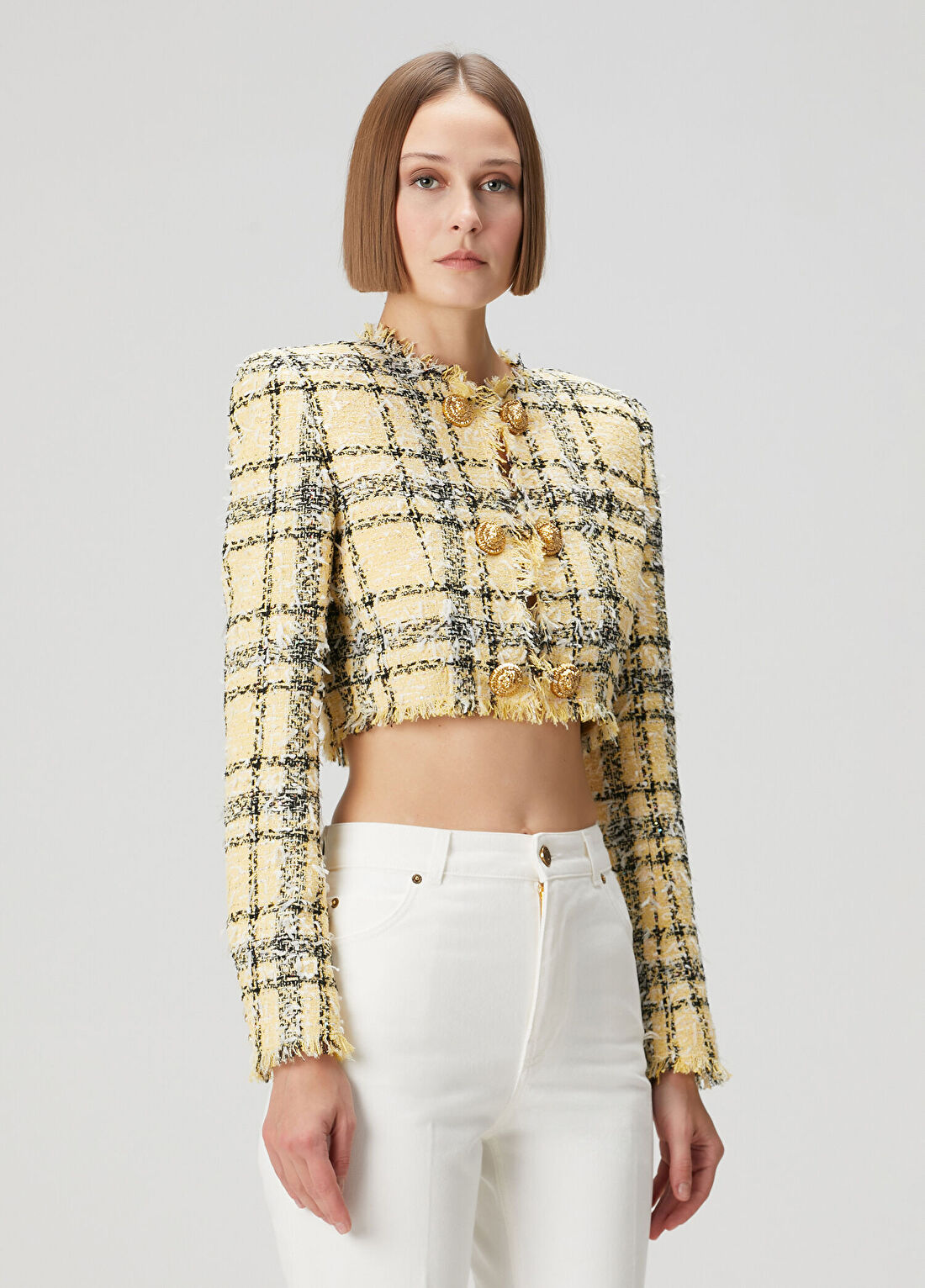 Balmain Sarı Ekoseli Crop Tweed Ceket görsel 3