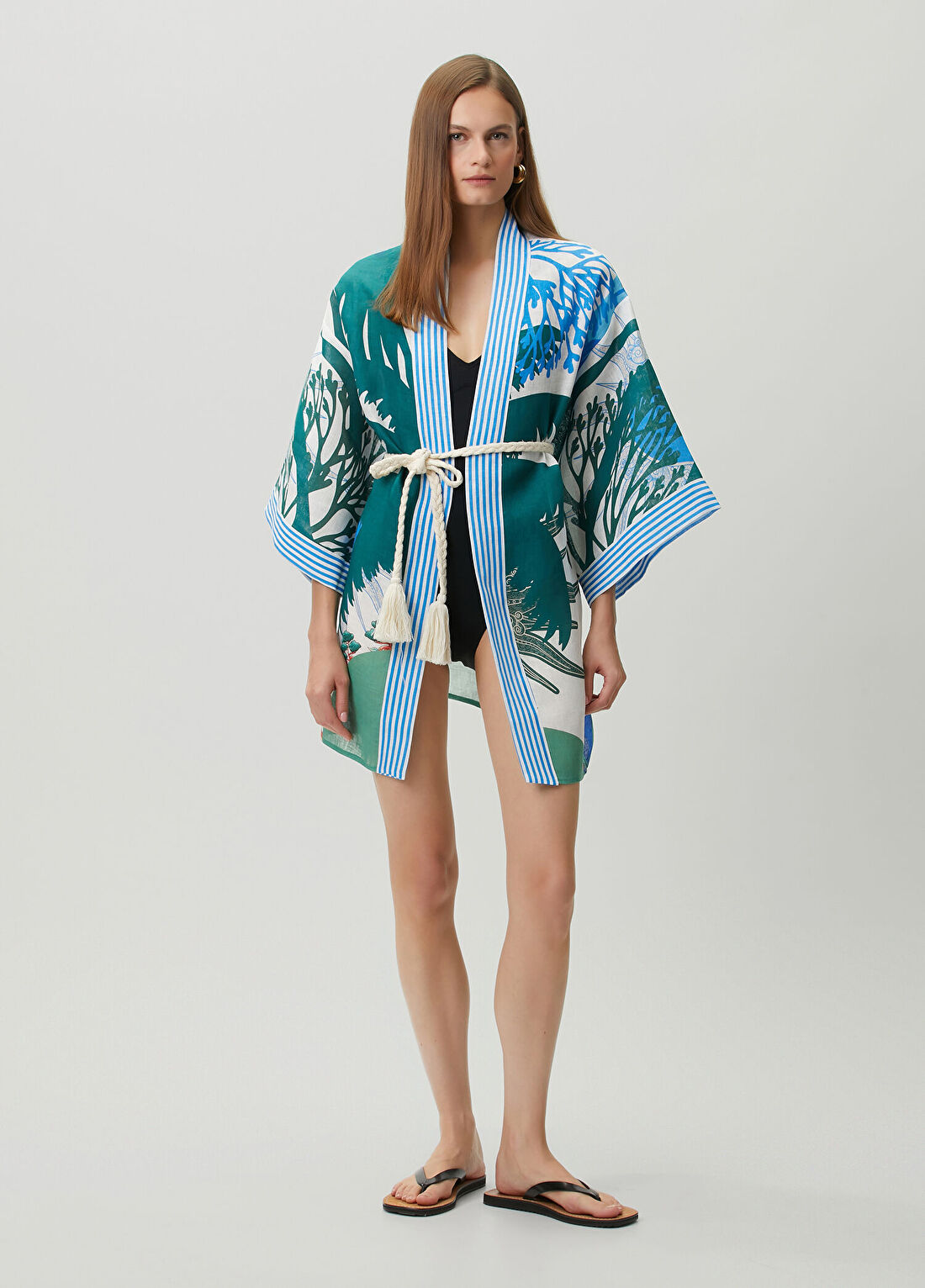 Jaquette Eva Demi Mavi Keten Kimono görsel 3