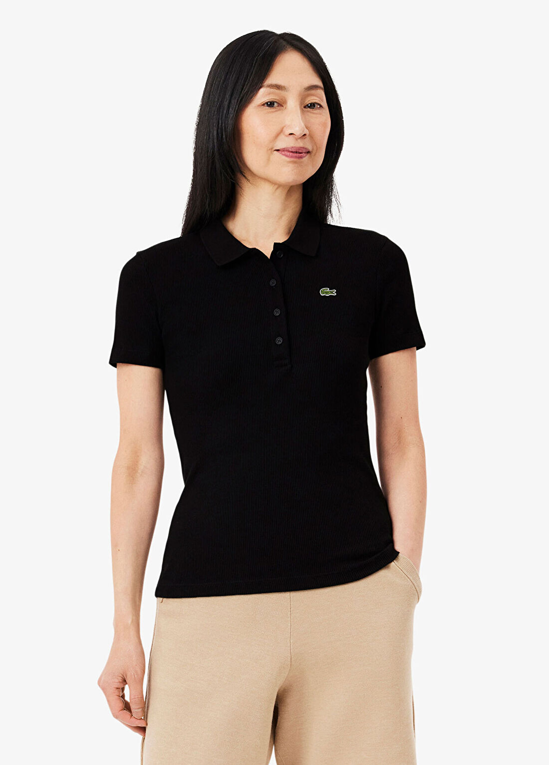 Lacoste L.12.D Siyah Pamuklu Polo Yaka Slim Fit Kısa Kollu Kadın T-shirt