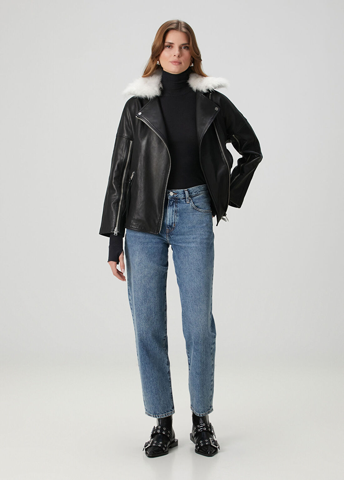 AllSaints Vendra Shearling Detaylı Deri Biker Ceket görsel 2