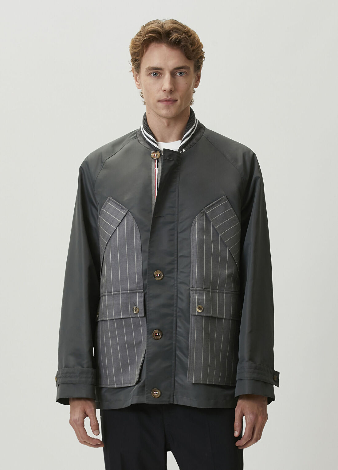Thom Browne Gri Çizgi Desen Garnili Mont