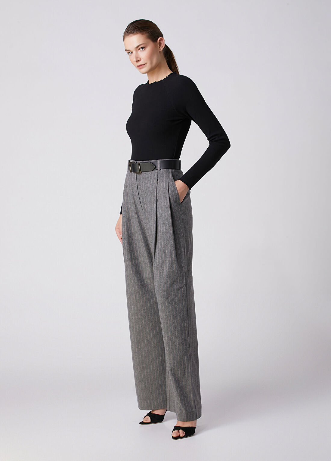 Beymen Collection Gri Çizgili Wide Leg Yün Pantolon