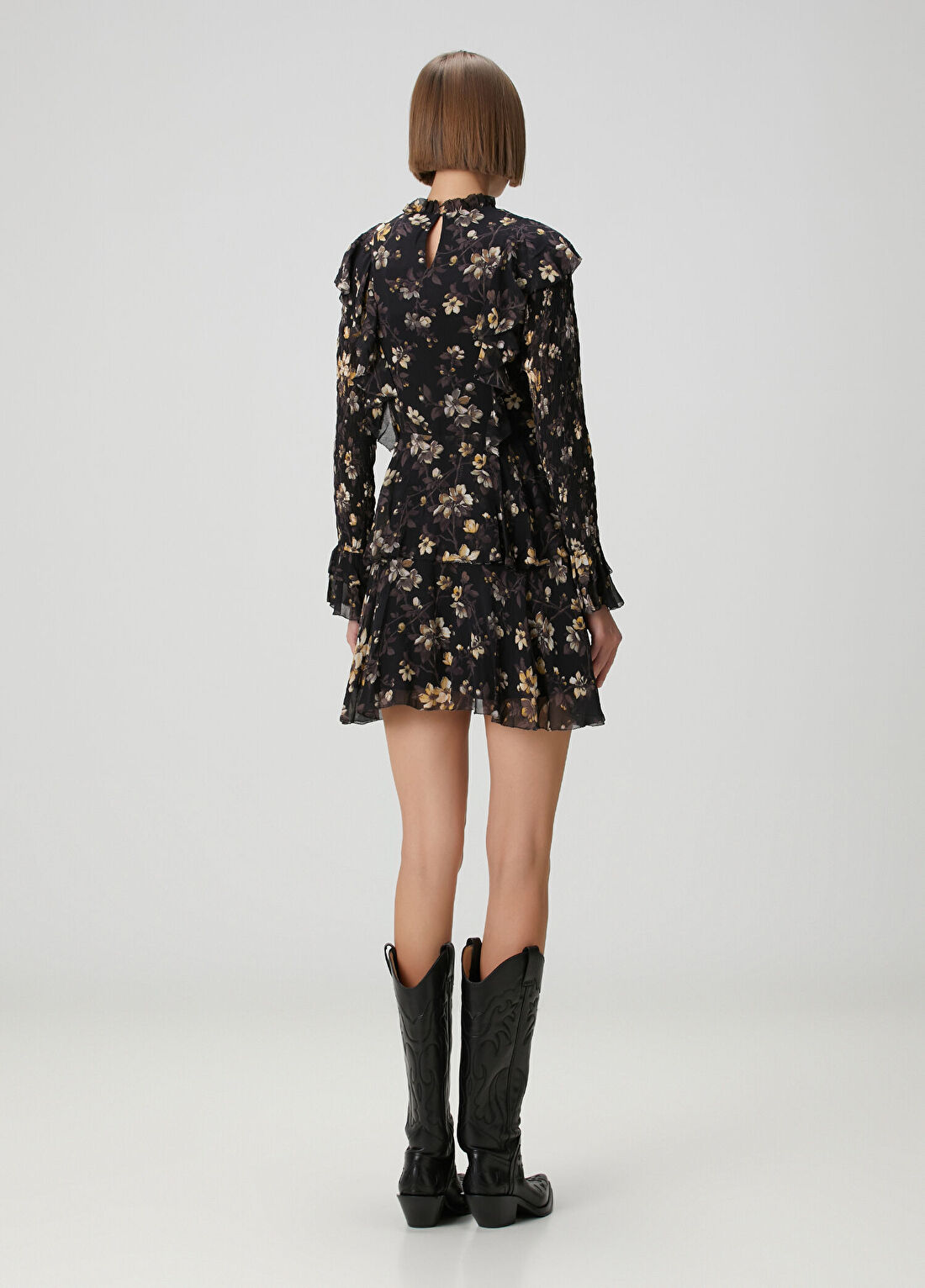 AllSaints Portia Siyah Çiçekli Mini Elbise görsel 4