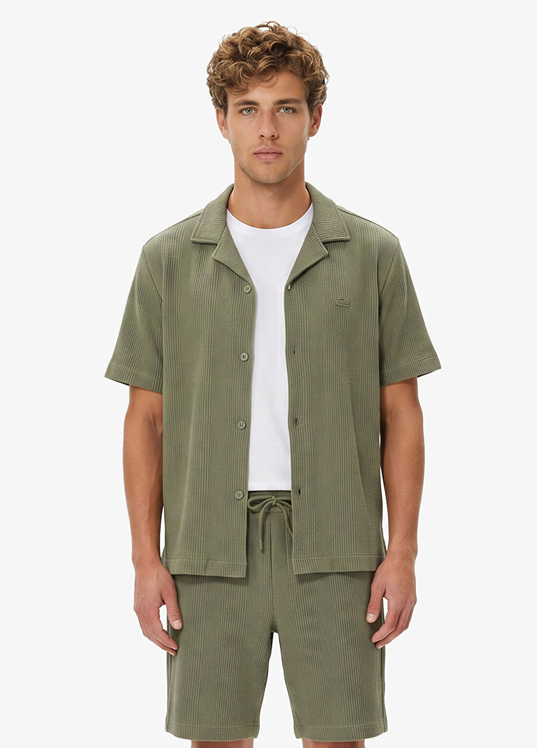 Lacoste Haki Çizgili Relaxed Fit Kısa Kollu Erkek Gömlek
