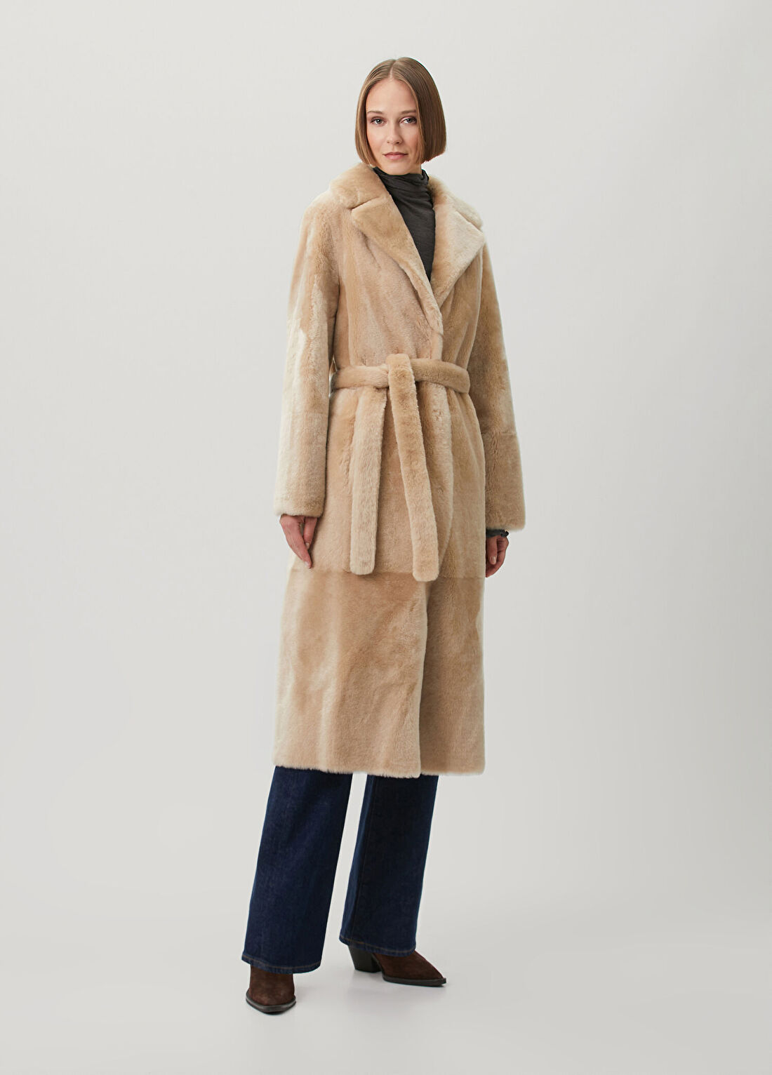 Yves Salomon Bej Shearling Dokulu Deri Palto