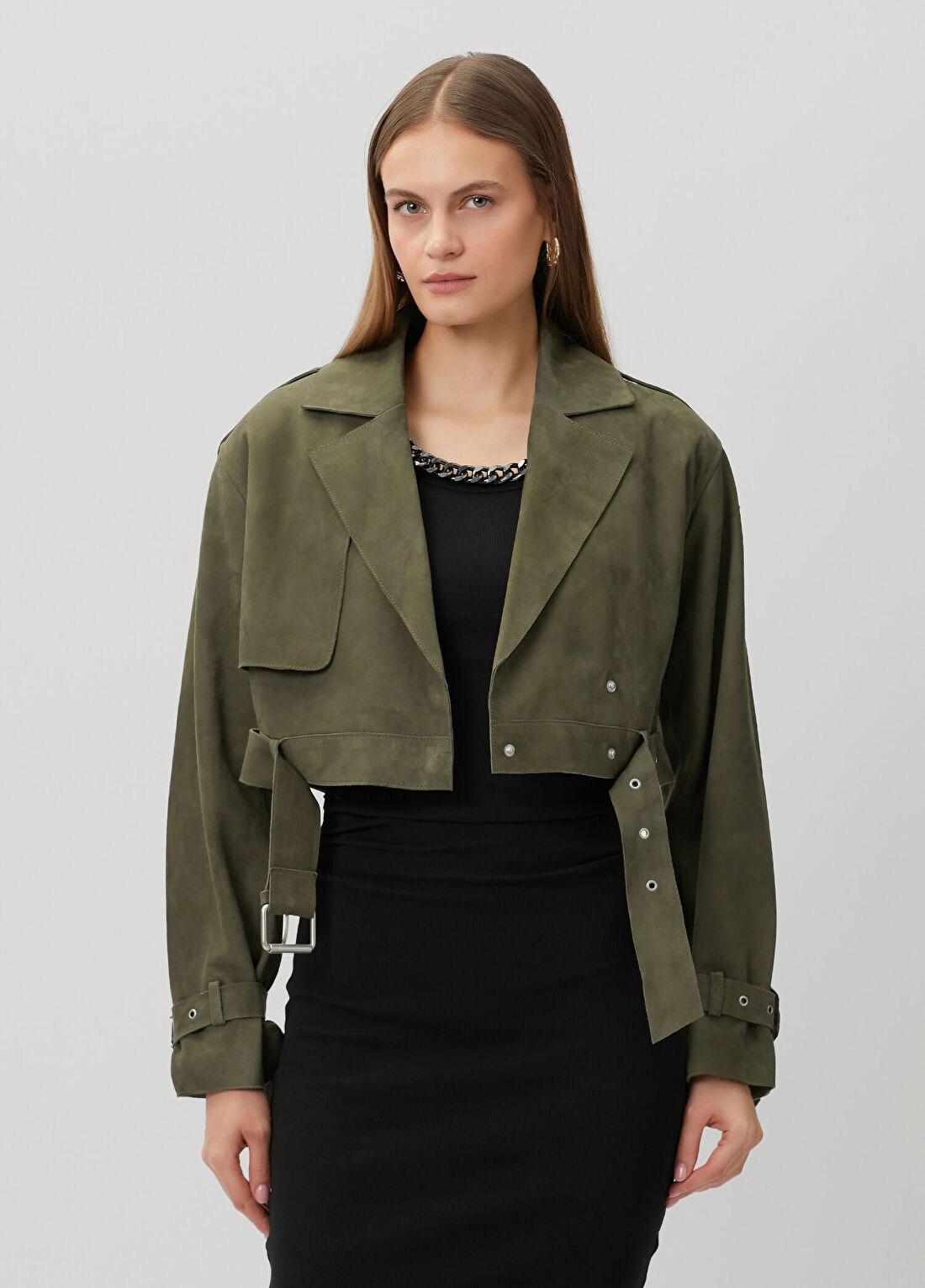 AllSaints Ophelia Koyu Yeşil Crop Süet Ceket