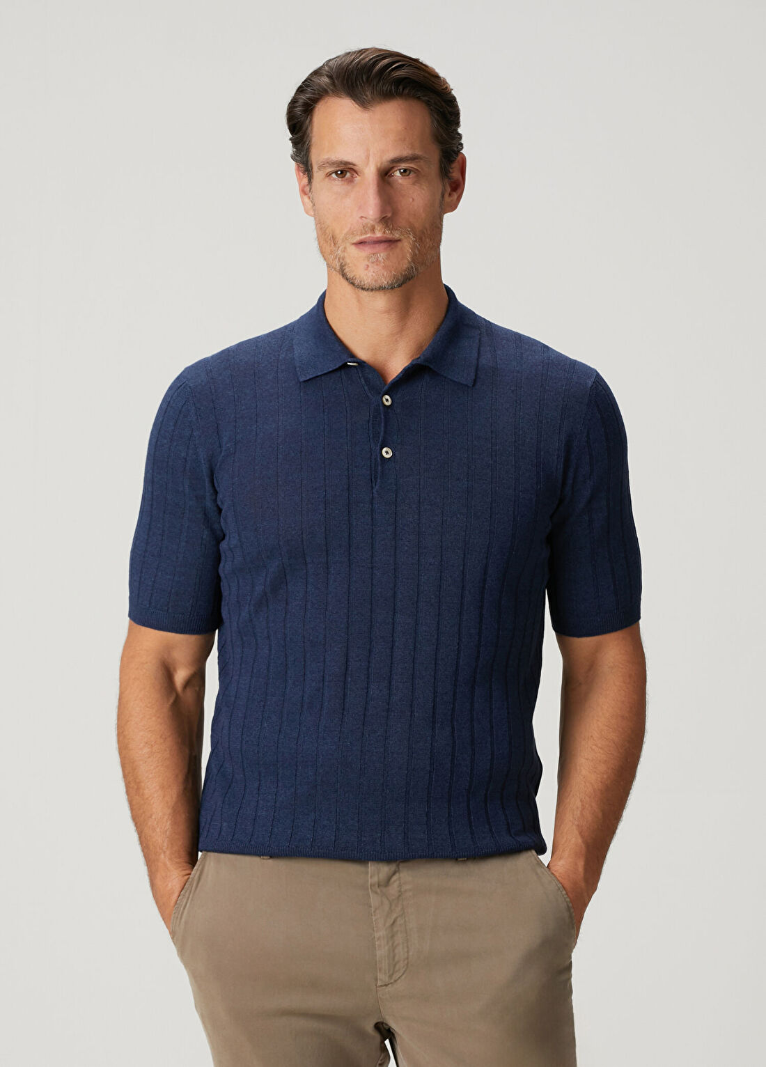 Boglioli Lacivert Polo Yaka Çizgi Jakarlı Keten T-shirt