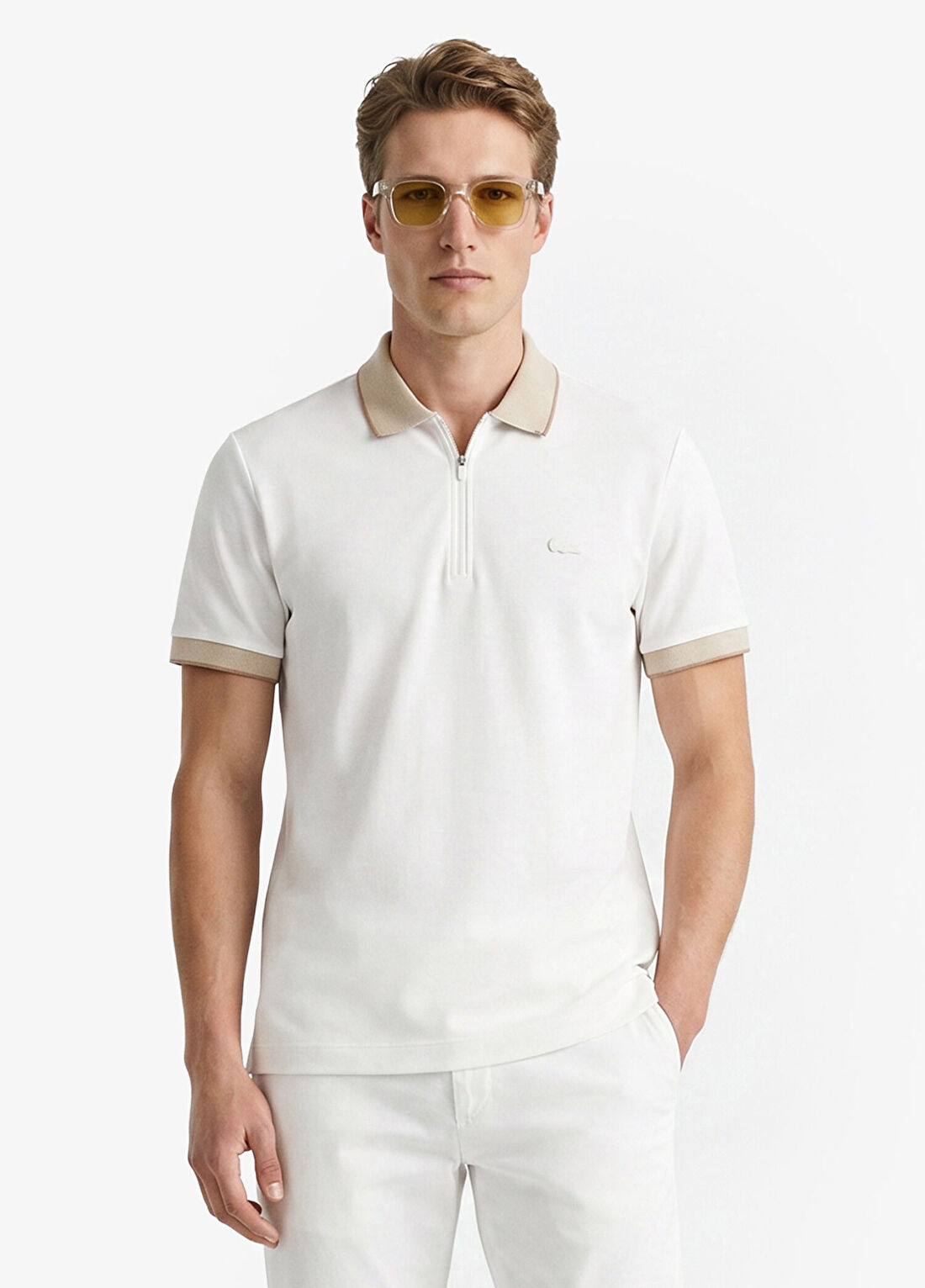 Lacoste Renk Bloklu Krem Polo Yaka Regular Fit Kısa Kollu Erkek T-shirt