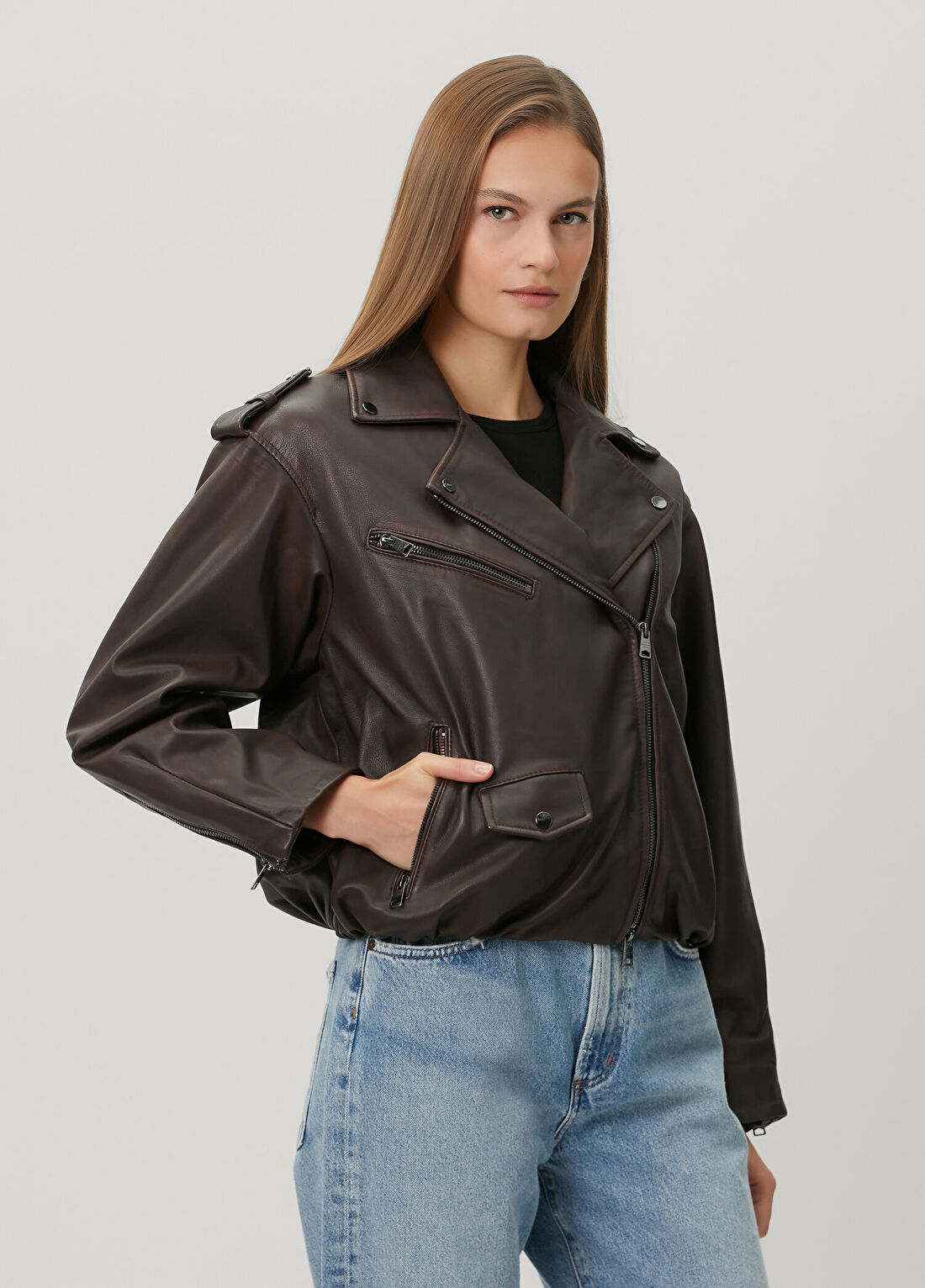 AllSaints Samina Relaxed Fit Bordo Deri Biker Ceket