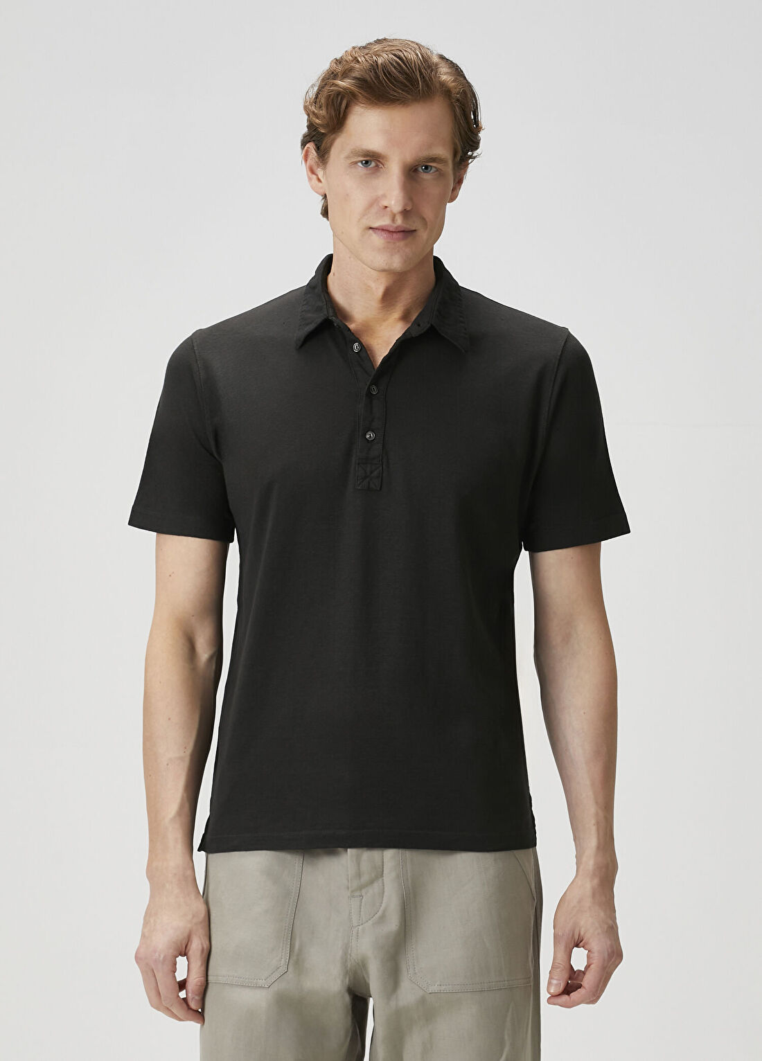 120% Lino Siyah Keten Polo T-shirt