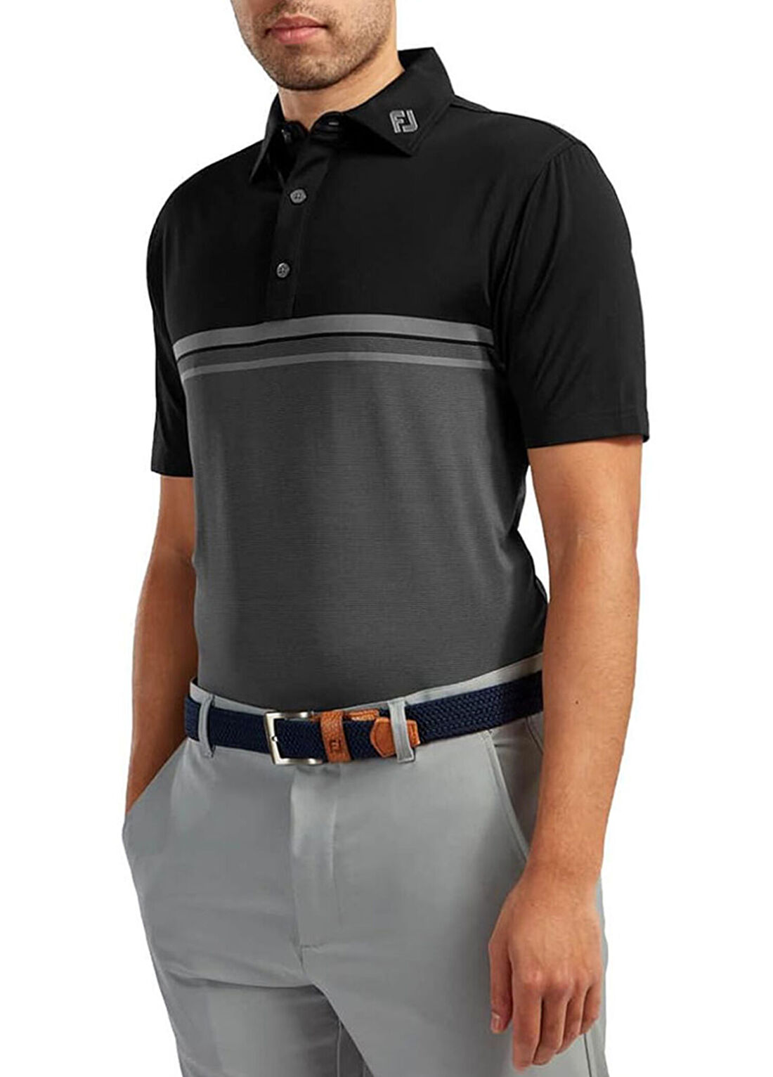 FootJoy Stretch Pique Black White Renk Bloklu Polo Yaka Kısa Kollu Erkek Golf T-Shirt görsel 3