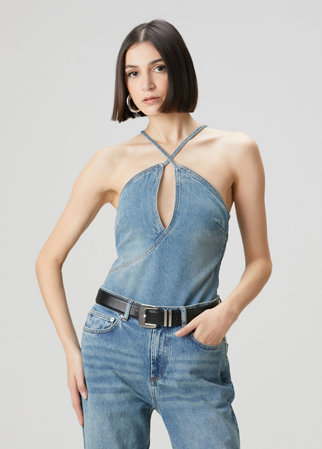 Academia Mavi Cut-Out Detaylı Denim Bluz
