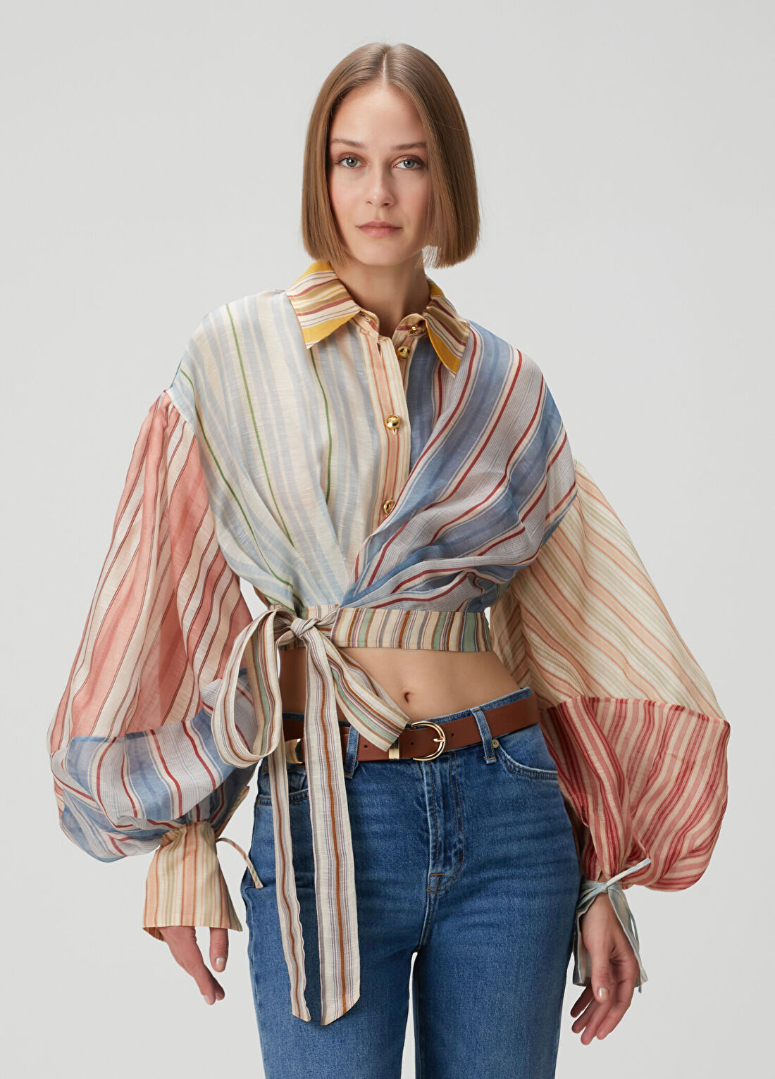 Zimmermann Rebellion Çok Renkli Çizgili Crop Keten Bluz